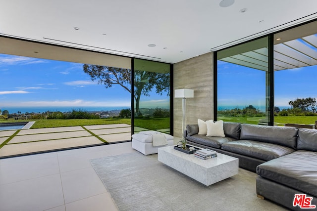 living room featuring light tile patterned flooring