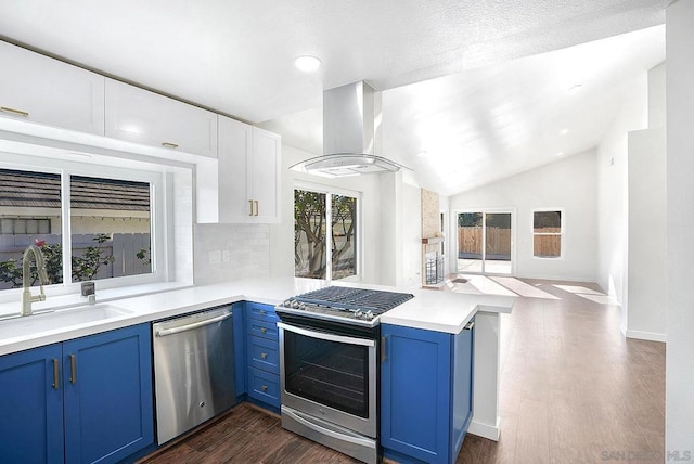 kitchen with appliances with stainless steel finishes, backsplash, blue cabinetry, wall chimney exhaust hood, and sink