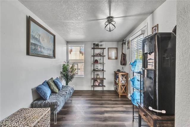 sitting room with dark hardwood / wood-style flooring and a textured ceiling