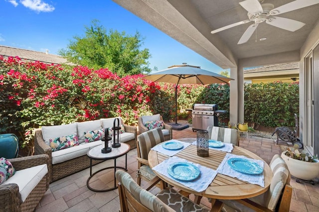 view of patio featuring ceiling fan, outdoor lounge area, and a grill