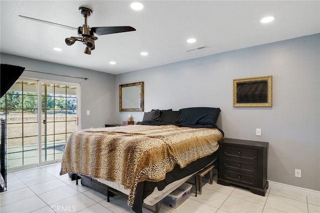 bedroom featuring a ceiling fan, light tile patterned floors, access to outside, visible vents, and recessed lighting