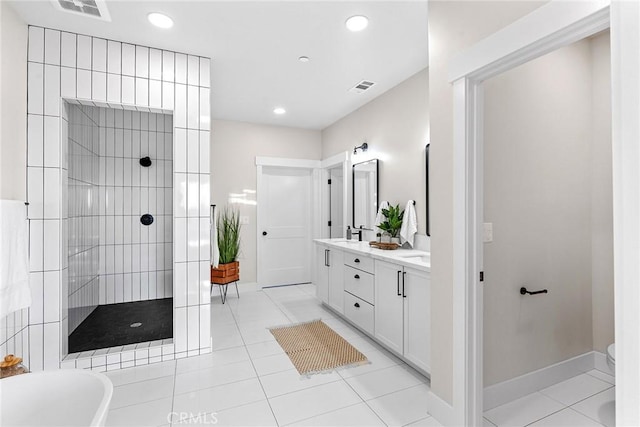 full bathroom featuring toilet, vanity, independent shower and bath, and tile patterned flooring