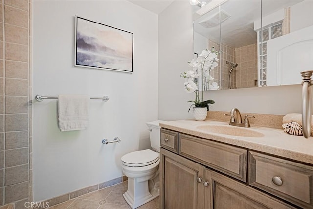 bathroom with toilet, walk in shower, tile patterned floors, and vanity