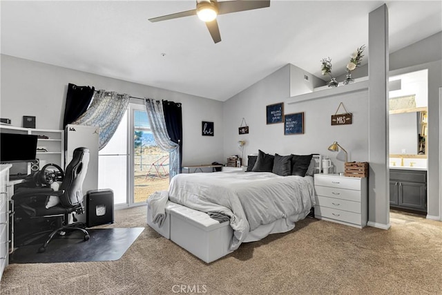 bedroom with lofted ceiling, connected bathroom, access to exterior, ceiling fan, and light colored carpet