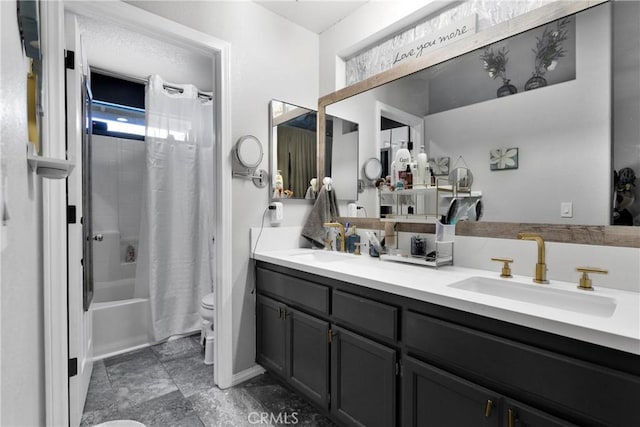 full bathroom featuring toilet, vanity, and shower / tub combo with curtain