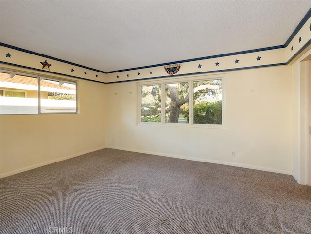 unfurnished room with carpet floors and a textured ceiling