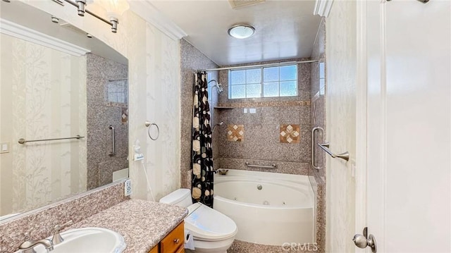 full bathroom featuring vanity, ornamental molding, shower / tub combo with curtain, and toilet