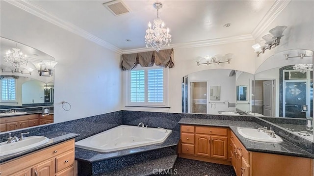 bathroom featuring vanity, ornamental molding, and an inviting chandelier