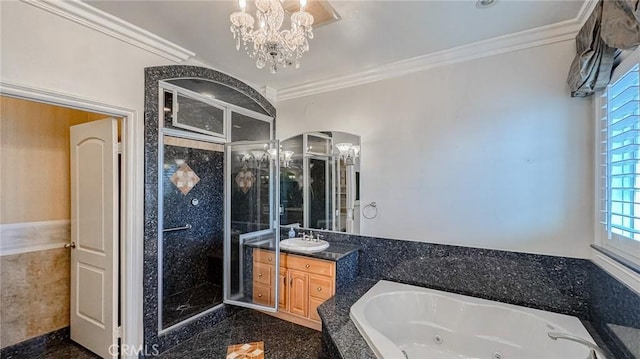 bathroom with vanity, crown molding, independent shower and bath, and a chandelier