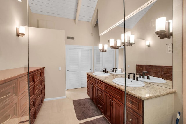 bathroom with vanity, beamed ceiling, an inviting chandelier, wood ceiling, and high vaulted ceiling