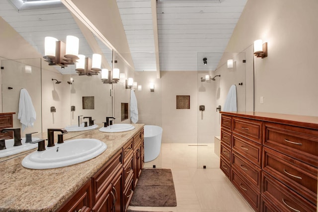 bathroom with vanity, lofted ceiling with beams, wood ceiling, and plus walk in shower