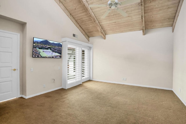 unfurnished bedroom featuring ceiling fan, carpet floors, wood ceiling, and lofted ceiling with beams