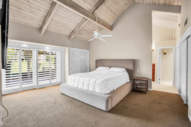 bedroom featuring dark carpet, ceiling fan, access to outside, a closet, and high vaulted ceiling