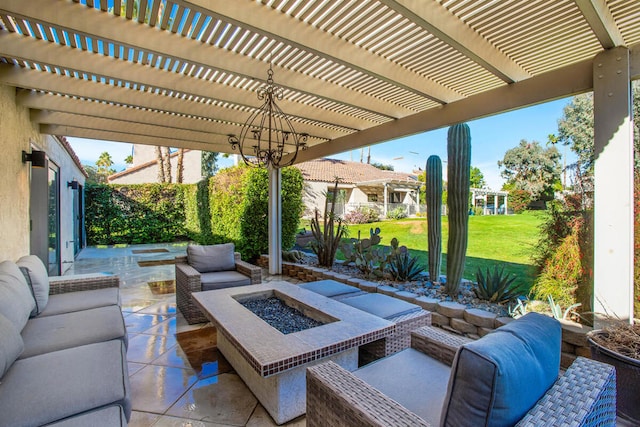 view of patio / terrace featuring an outdoor living space with a fire pit and a pergola