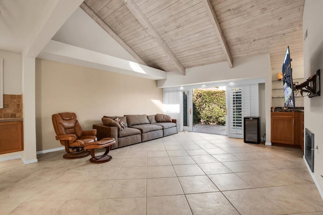 living room with high vaulted ceiling, light tile patterned floors, beam ceiling, and wood ceiling