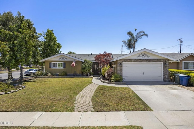 single story home featuring a front yard and a garage