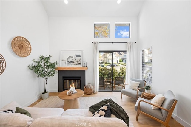 sitting room featuring a high ceiling and wood-type flooring