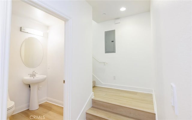 stairway with electric panel and hardwood / wood-style floors