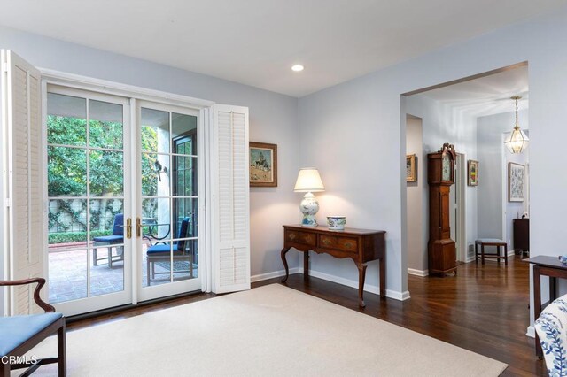 doorway to outside featuring dark wood-type flooring