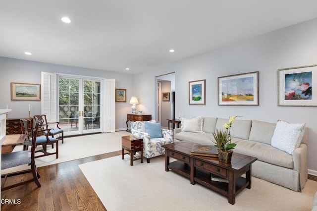 living room with wood-type flooring and french doors