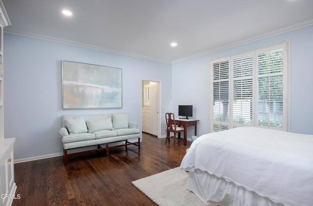 bedroom featuring dark wood-type flooring and ornamental molding