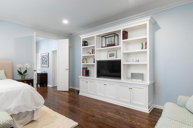 bedroom with dark wood-type flooring and crown molding