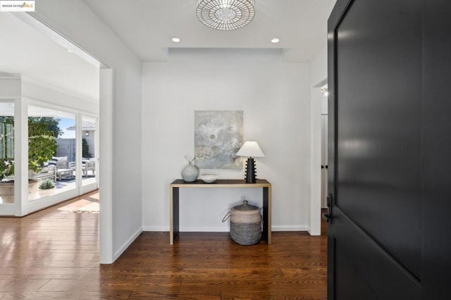 corridor with dark hardwood / wood-style floors