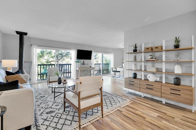 living room featuring a wood stove and light wood-type flooring