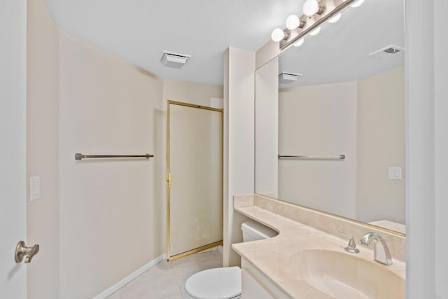 bathroom with toilet, tile patterned floors, an enclosed shower, and vanity