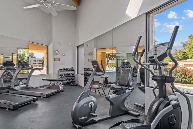 exercise room featuring ceiling fan