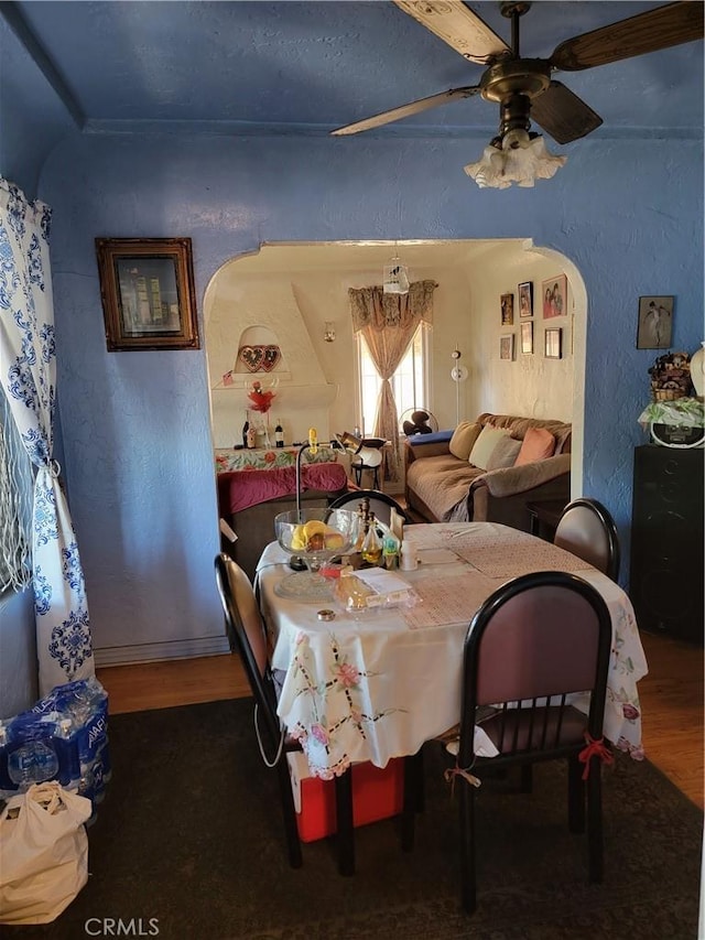 dining room with ceiling fan and wood-type flooring