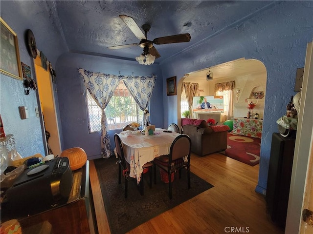 dining space with ceiling fan and wood-type flooring