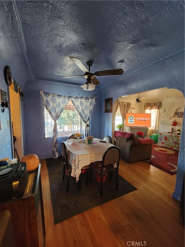 dining space featuring hardwood / wood-style flooring, a textured ceiling, and ceiling fan