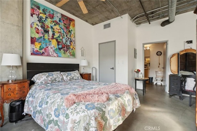 bedroom featuring ceiling fan and concrete flooring