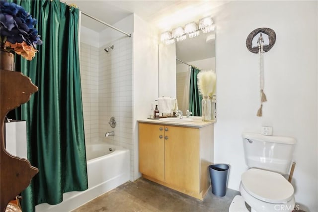 full bathroom featuring toilet, vanity, shower / bathtub combination with curtain, and concrete flooring