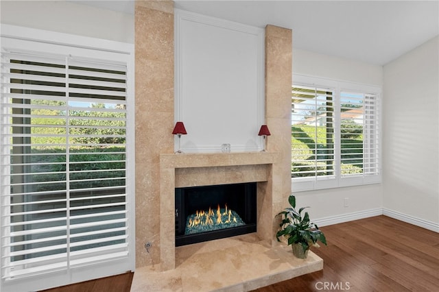 living room featuring hardwood / wood-style flooring and a premium fireplace