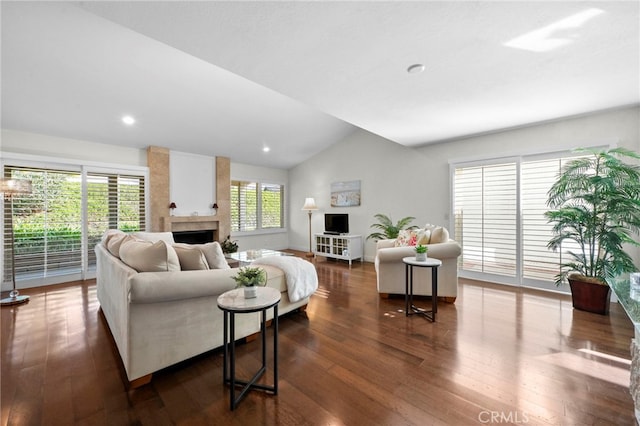 living room with a fireplace, dark hardwood / wood-style floors, and lofted ceiling