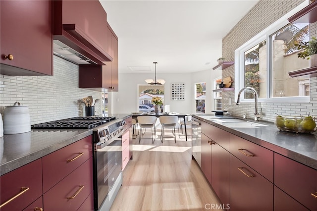 kitchen with decorative backsplash, sink, stainless steel appliances, and decorative light fixtures