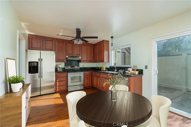 kitchen with ceiling fan, appliances with stainless steel finishes, pendant lighting, light hardwood / wood-style flooring, and sink