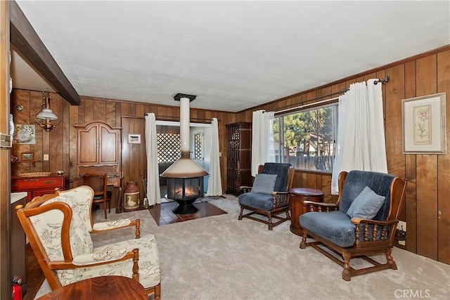 sitting room with carpet, a wood stove, and wooden walls