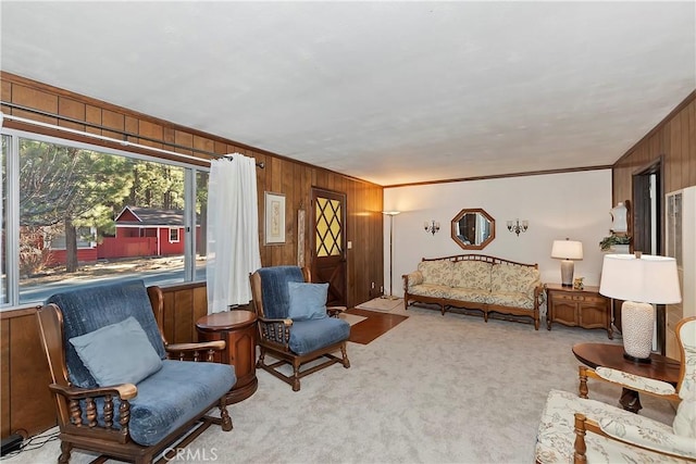 living area featuring light colored carpet and ornamental molding