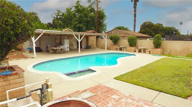 view of swimming pool featuring a fenced in pool, a fenced backyard, and a patio