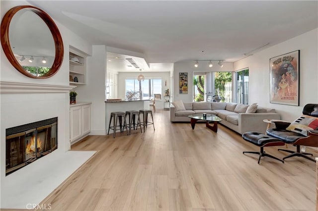 living room with light hardwood / wood-style flooring and french doors