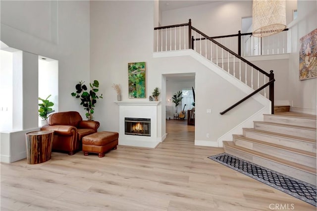 interior space featuring a towering ceiling and hardwood / wood-style flooring