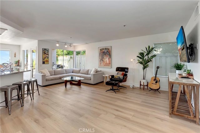 living room with light wood-type flooring, a wealth of natural light, and rail lighting