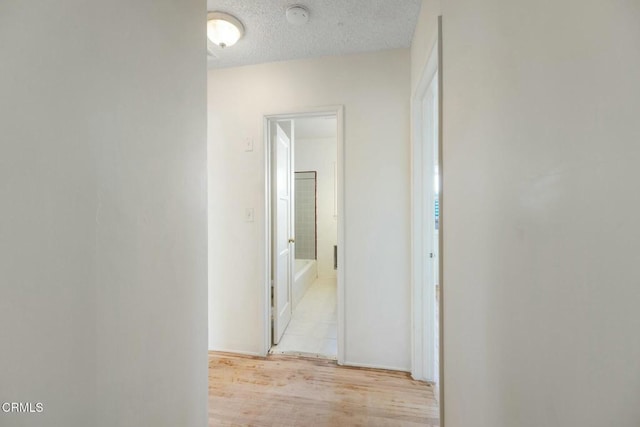 hall featuring a textured ceiling and light hardwood / wood-style flooring