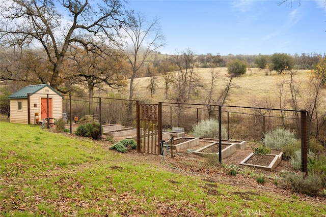 view of yard featuring a rural view and a storage unit