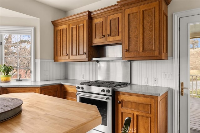 kitchen featuring stainless steel range and exhaust hood