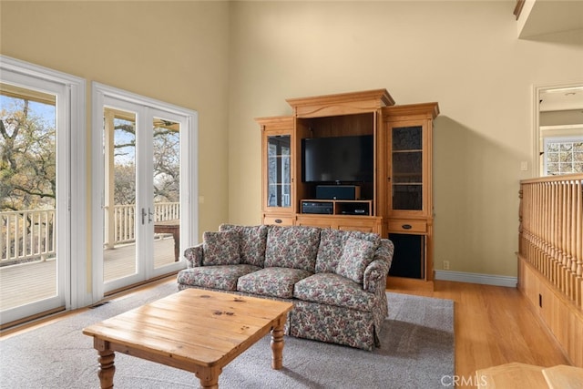 living room with light hardwood / wood-style floors and a towering ceiling