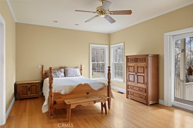 bedroom with ceiling fan, access to exterior, ornamental molding, and light hardwood / wood-style flooring